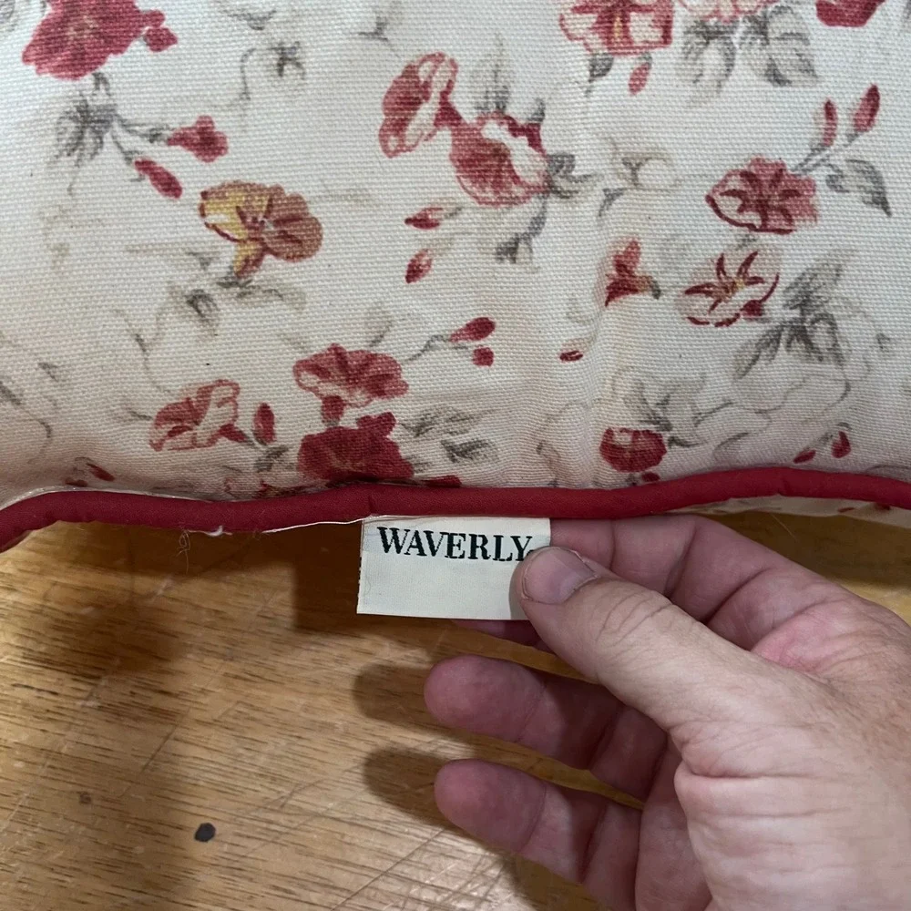 Vtg Waverly Norfolk Rose Floral Accent Pillow 16x16 Burgundy Piped Trim Square